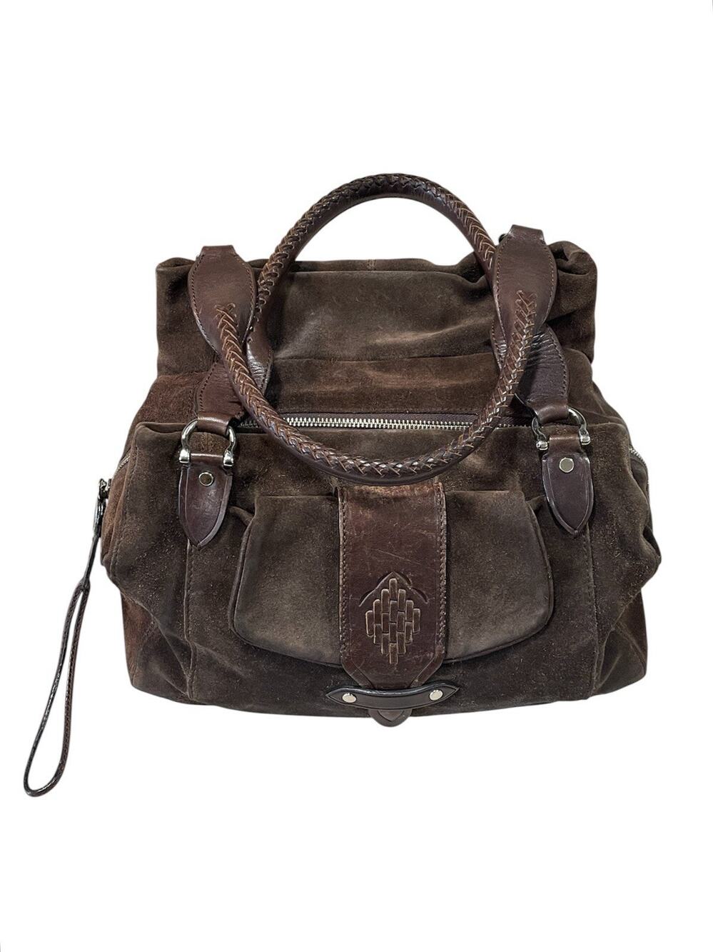 Cole Haan Brown Suede Shoulder Bag/Handbag Purple Lining Leather Weave Handles